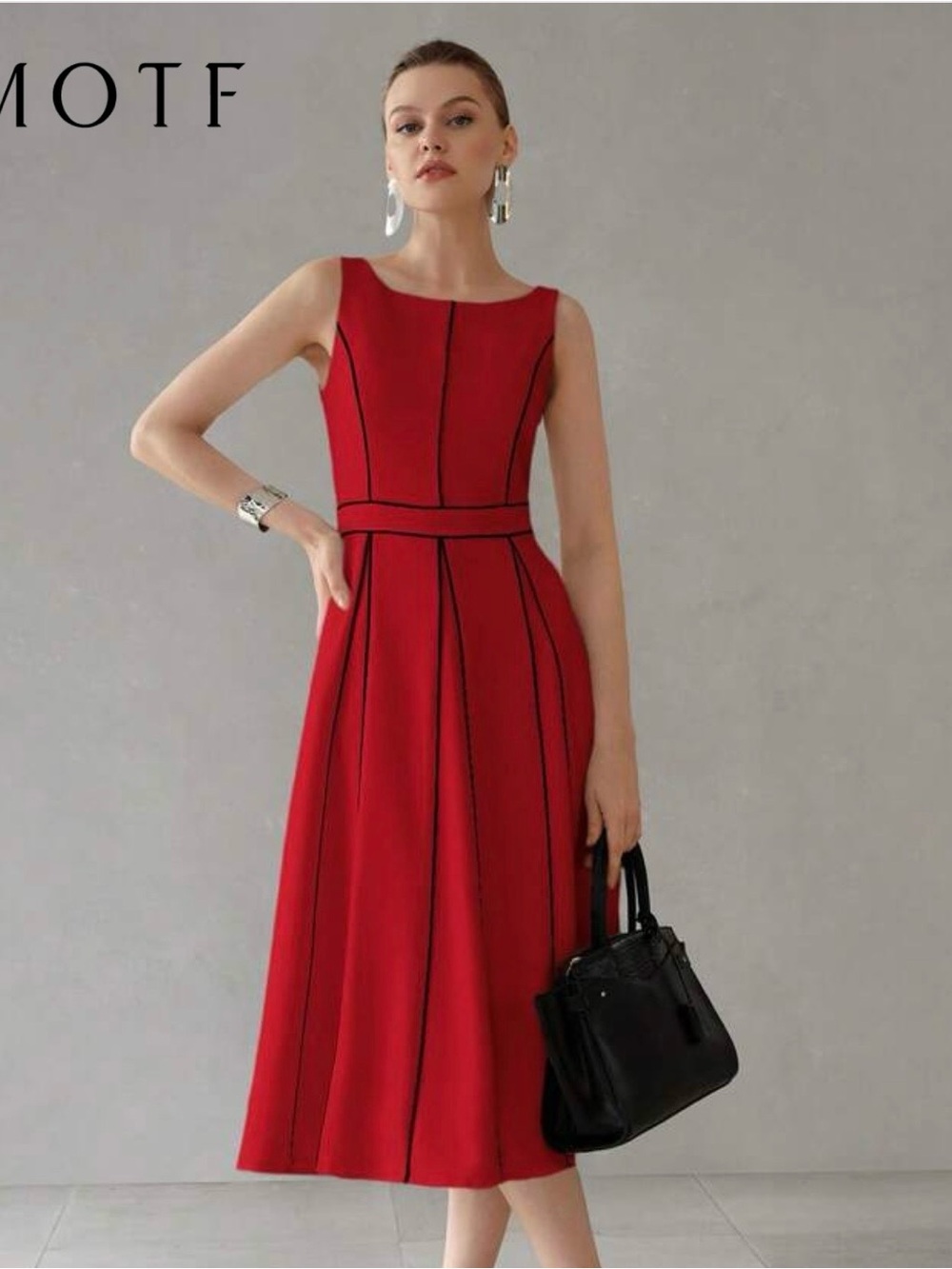 MOTF Red Sleeveless Midi Dress with Black Piping